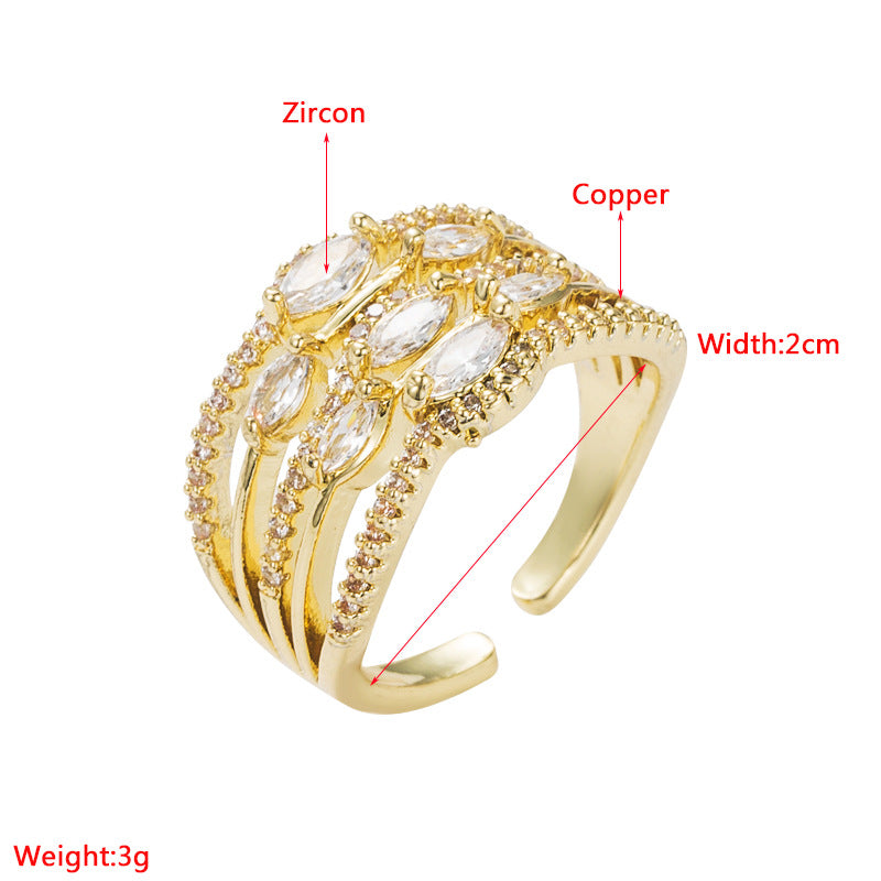 Ins New Copper Gold-Plated Micro-Set Zircon Adjustable Opening Creative Personality Hip-Hop Ring For Men And Women