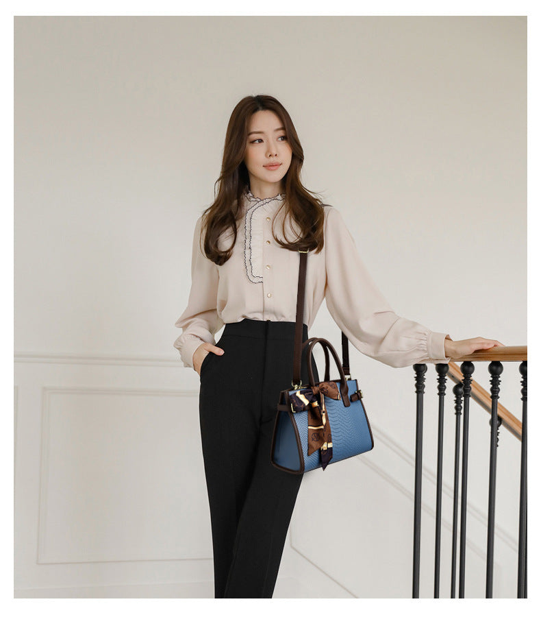 Commuting style women's bag genuine leather embossed snakeskin pattern contrasting color briefcase for women