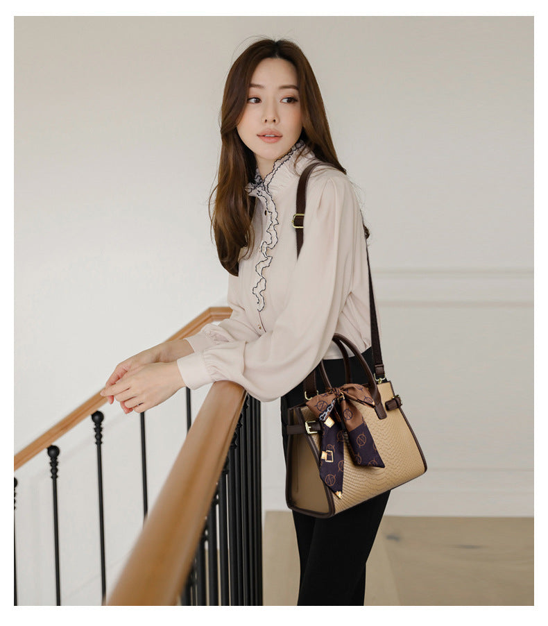Commuting style women's bag genuine leather embossed snakeskin pattern contrasting color briefcase for women
