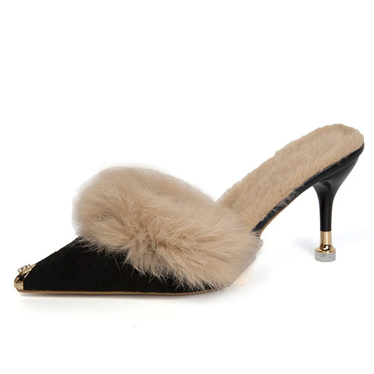 Women High Heel Shoes  Fur Slippers Mules Pointed Toe Furry Slides Fashion Elegant Luxury Designer Flip Flops Office Pumps