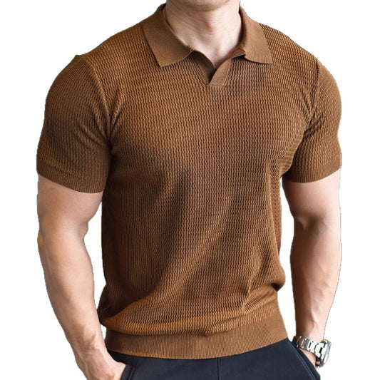 Summer Knitted Shirt Short Sleeve T-shirt Loose Collar Solid Color Top