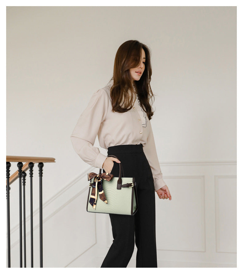 Commuting style women's bag genuine leather embossed snakeskin pattern contrasting color briefcase for women