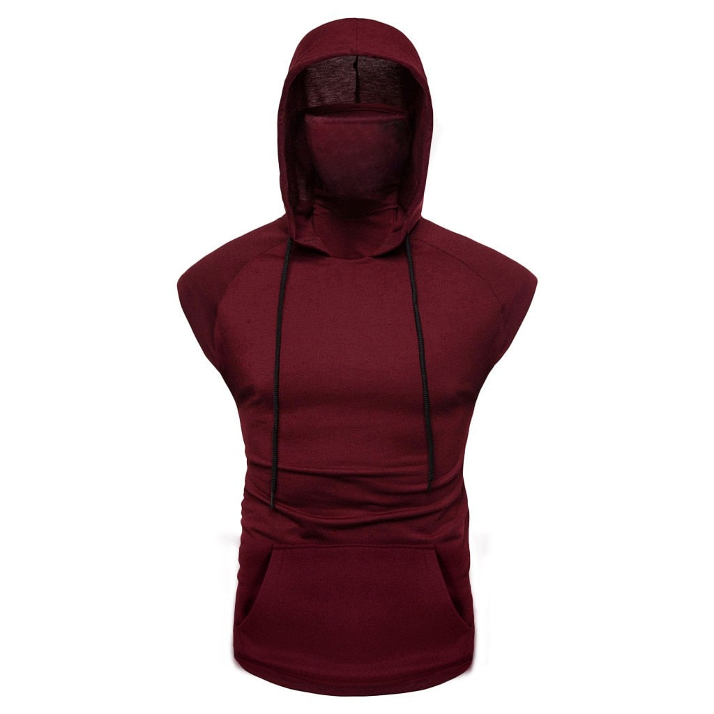Mens Mask Button Sports Vest Hooded Splice Large Open-Forked Male Vest