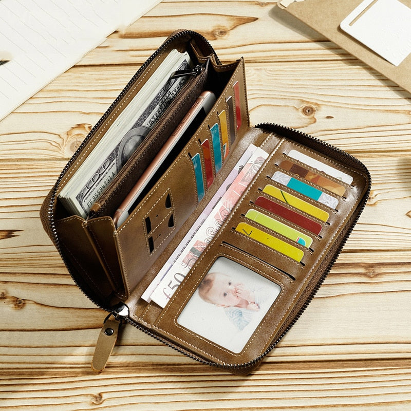 New Come Fashion Vintage Long Style Split Leather Men Wallet Soft For Business Casual Men Wallet Clutch Bags High Quality