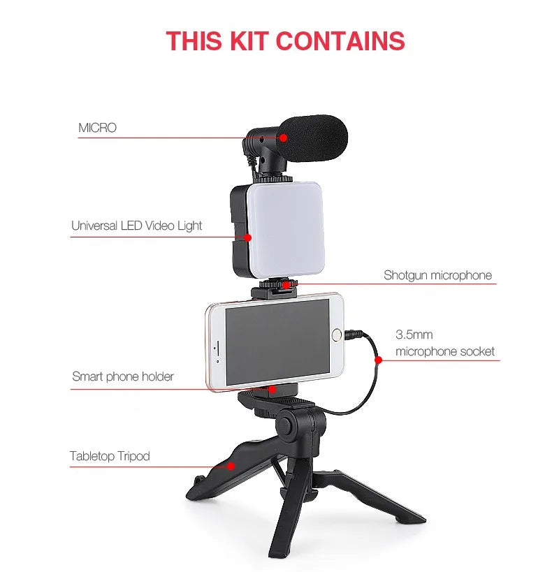 Vlogging kit for mobile phone tripod 36 led fill light and mini microphone for live stream, video TikTok YouTube