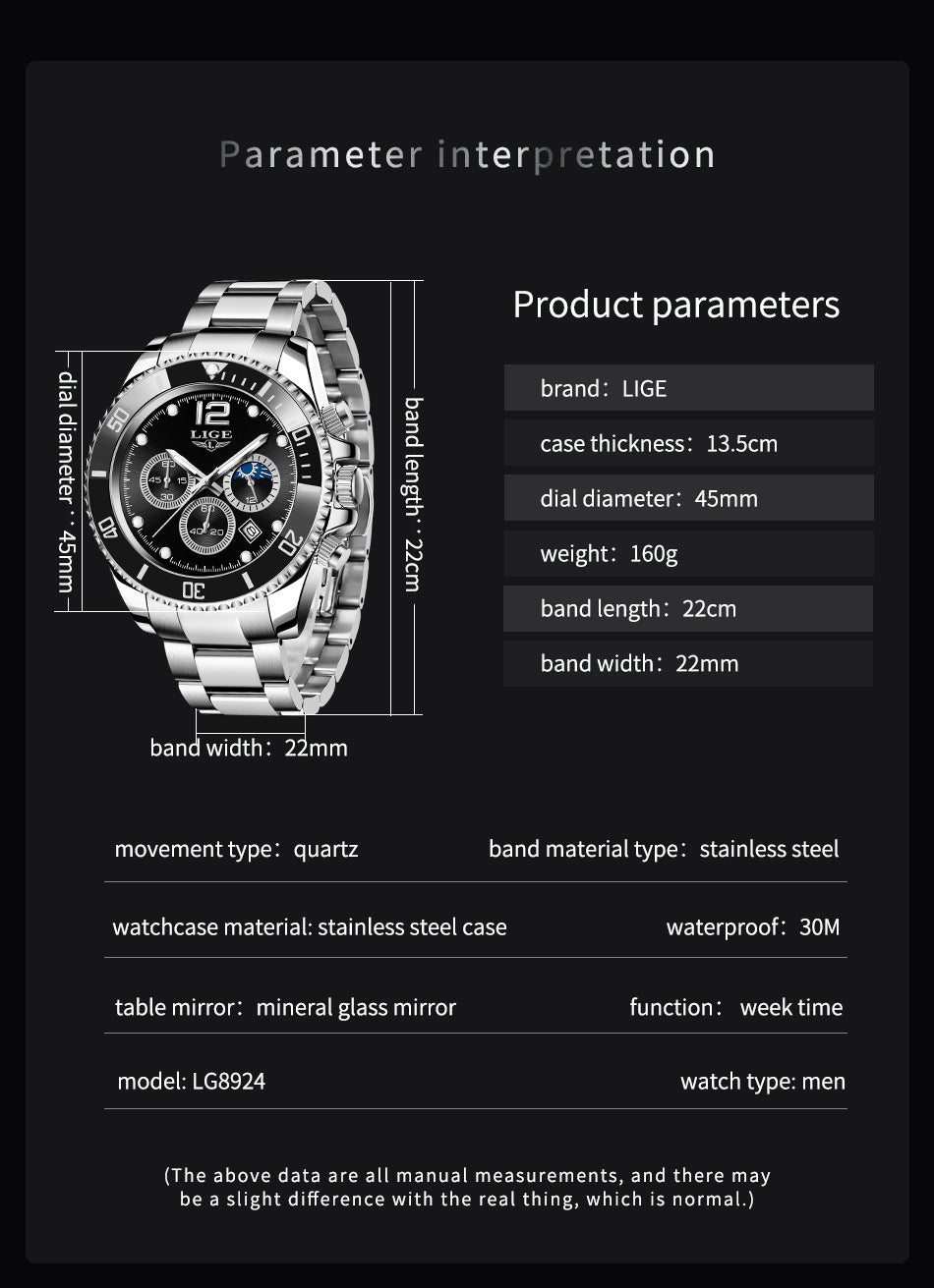 New Quartz Watch Men's Sports Waterproof Watch Multifunctional Chronograph