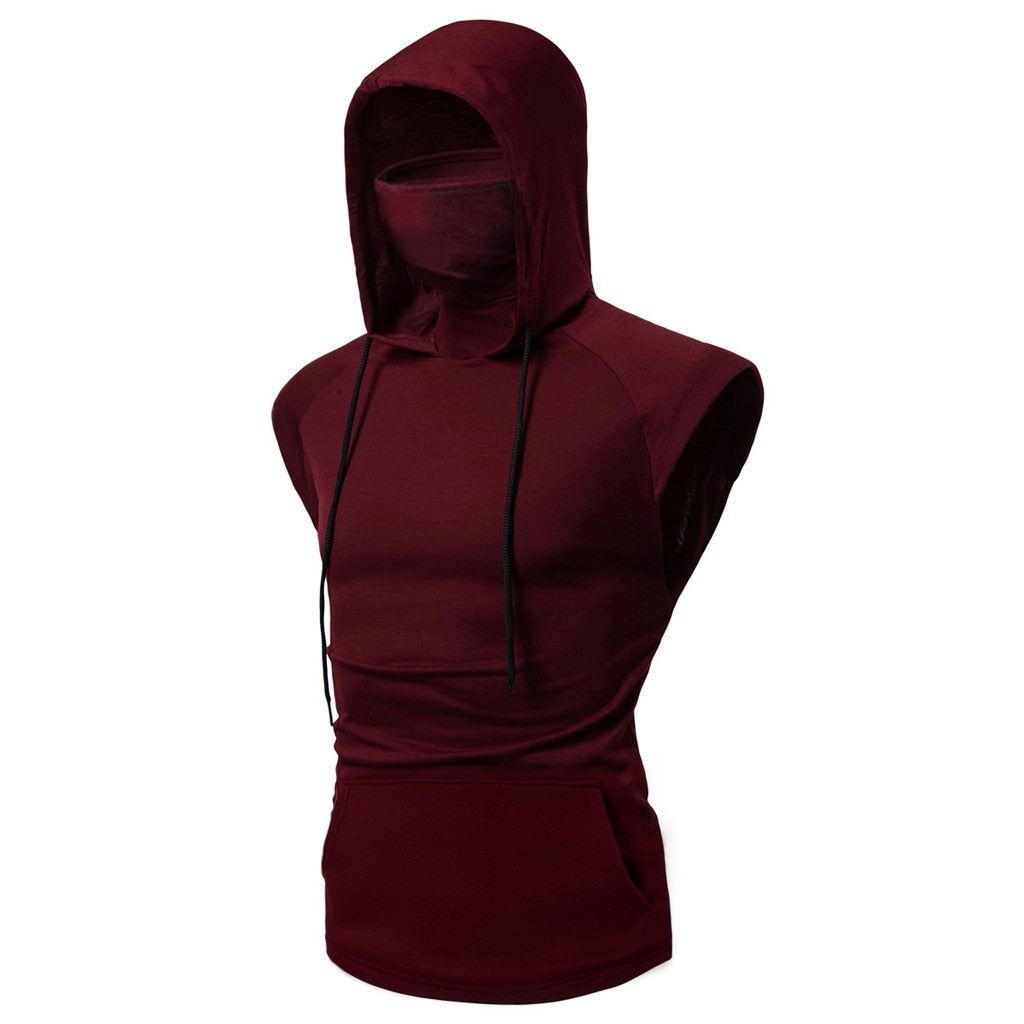 Mens Mask Button Sports Vest Hooded Splice Large Open-Forked Male Vest
