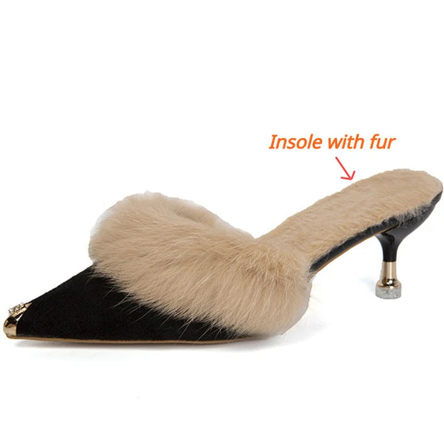 Women High Heel Shoes  Fur Slippers Mules Pointed Toe Furry Slides Fashion Elegant Luxury Designer Flip Flops Office Pumps