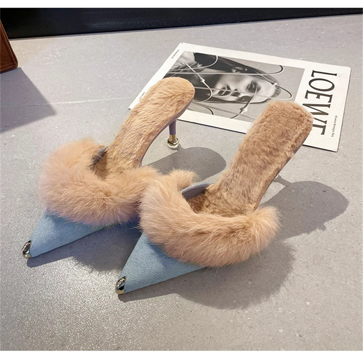 Women High Heel Shoes  Fur Slippers Mules Pointed Toe Furry Slides Fashion Elegant Luxury Designer Flip Flops Office Pumps