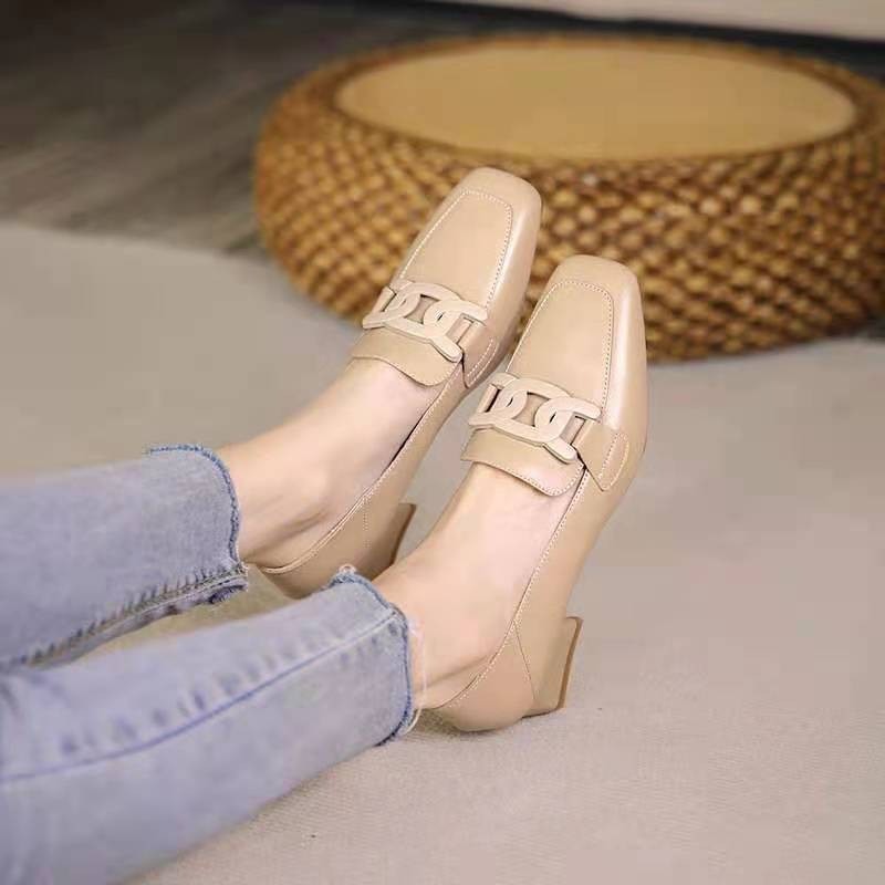 Casual loafers women's slip-on British style metal buckle square head small leather shoes mid-heel