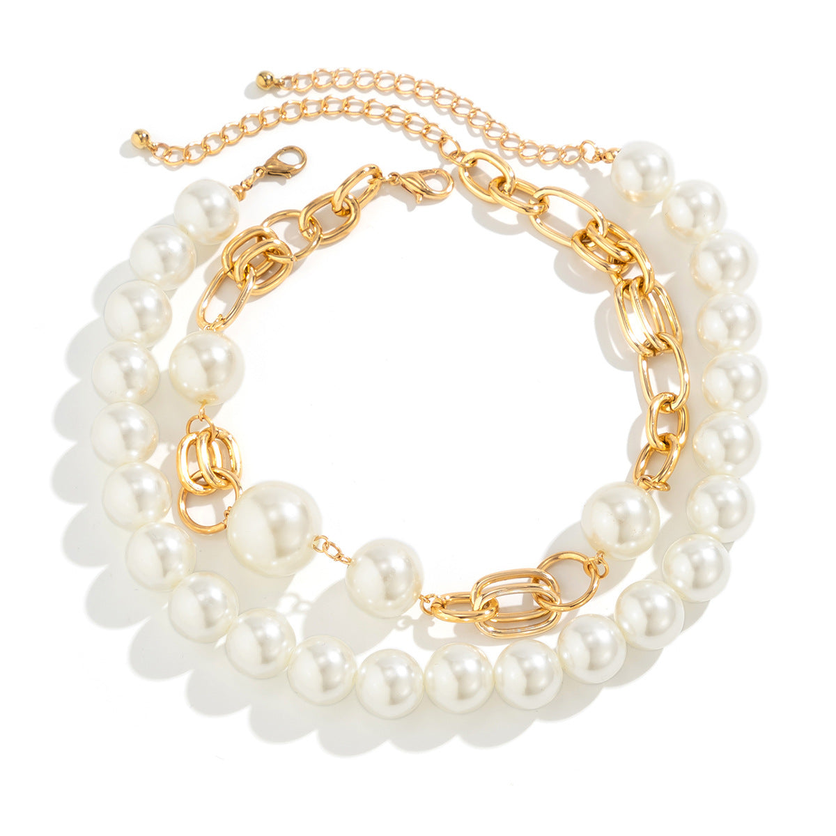 Creative punk style round bead double layered necklace necklaces with exaggerated metal chains