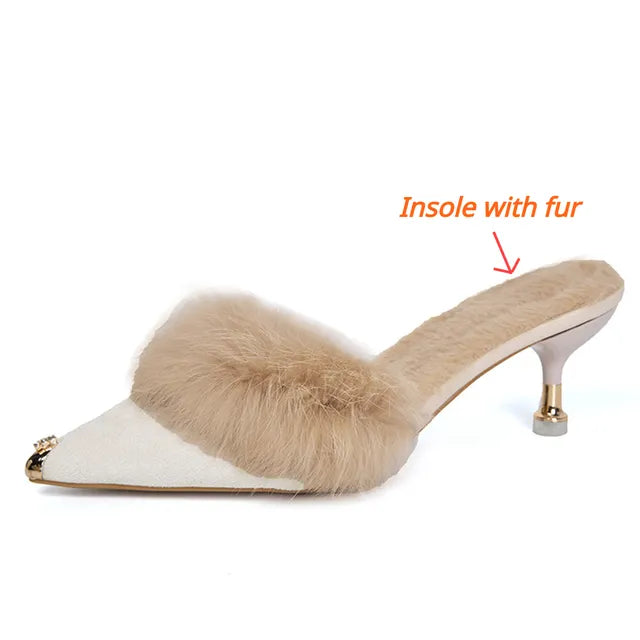 Women High Heel Shoes  Fur Slippers Mules Pointed Toe Furry Slides Fashion Elegant Luxury Designer Flip Flops Office Pumps