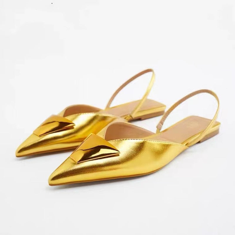 New Woman Gold Bling Flat Shoes Vintage Black Back Elastic Straps Single Shoes Fashion Slingbacks Female Single Shoes