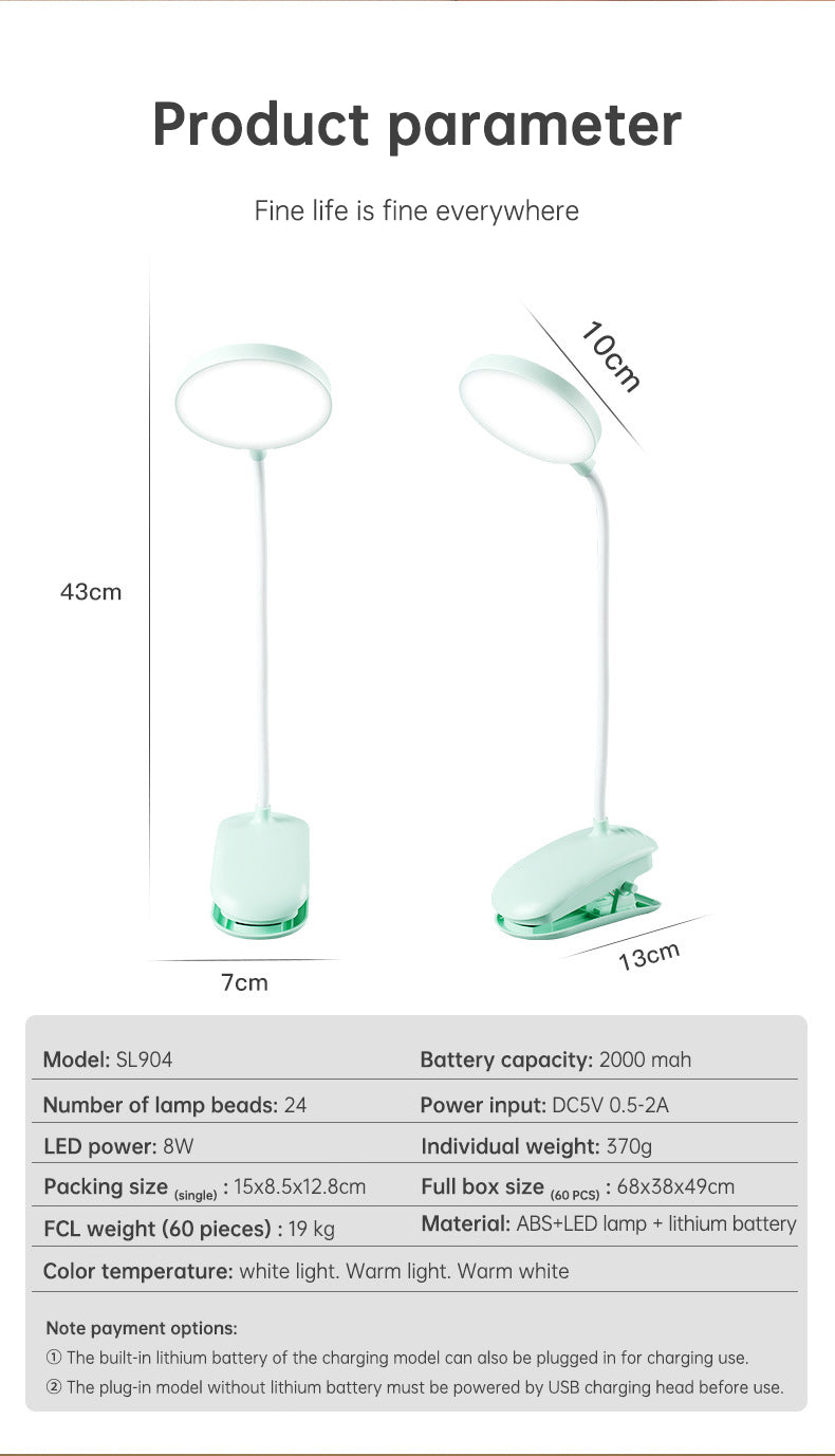 Table Lamp Eye Protection Desk Rechargeable Plug-In Dual Purpose Clamp Table Lamp Dormitory Bedroom Learning LED Bedside