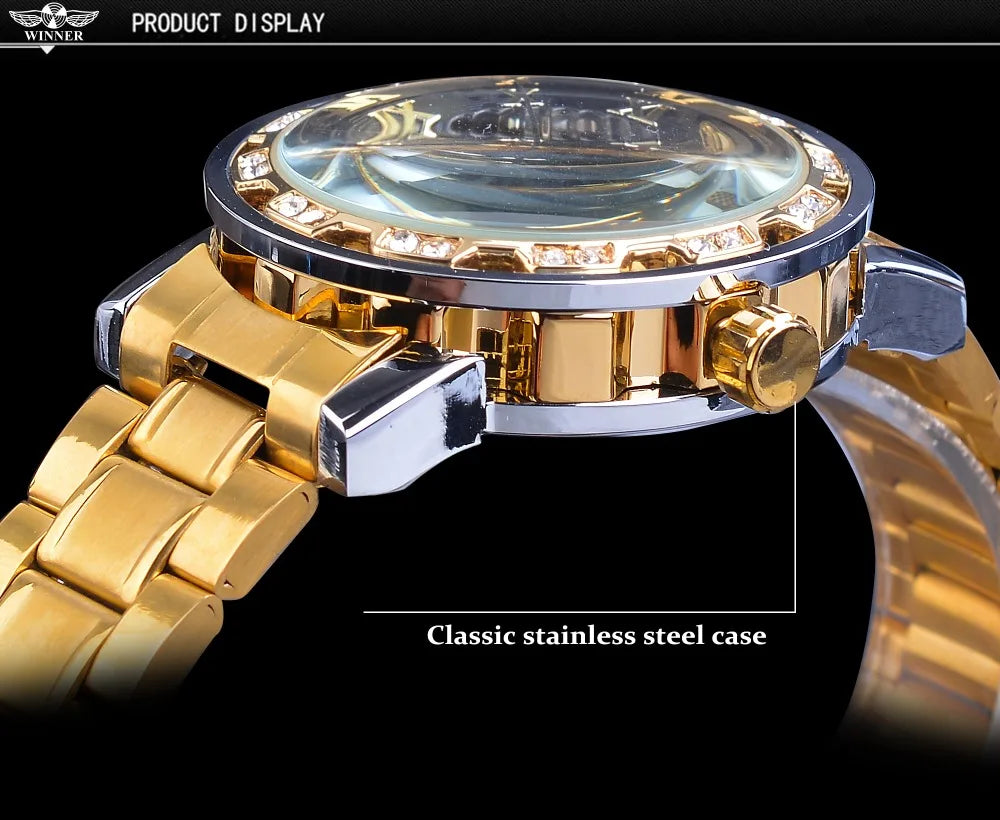 Winner Golden Watches Classic Rhinestone Clock Roman Analog Male Skeleton Clocks Mechanical Stainless Steel Band Luminous Watch