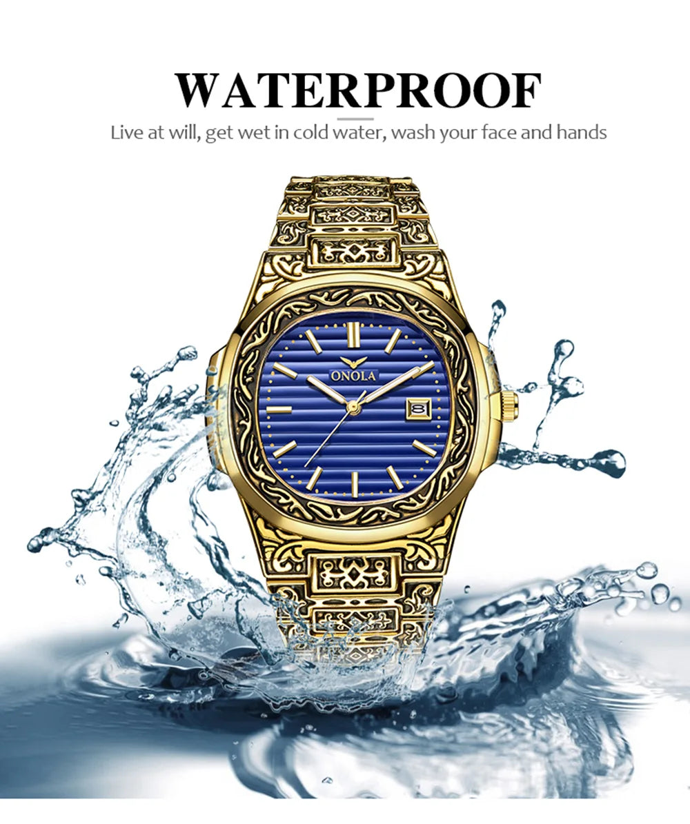 Fashion quartz watch men Brand ONOLA luxury Retro golden stainless steel watch men gold mens watch reloj hombre