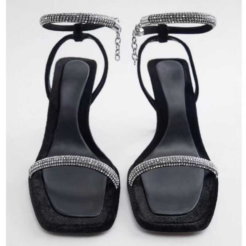 Large Size Foreign Trade Rhinestone High-Heeled Sandals For Women Summer New Cross-Border Square Toe Open Toe Elegant European And American One-Strap Sandals
