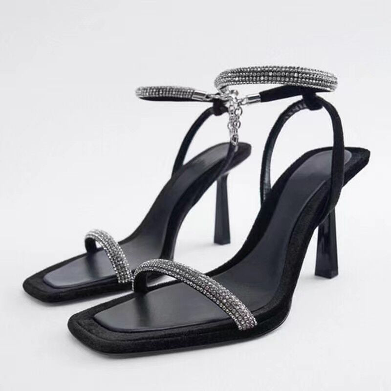 Large Size Foreign Trade Rhinestone High-Heeled Sandals For Women Summer New Cross-Border Square Toe Open Toe Elegant European And American One-Strap Sandals