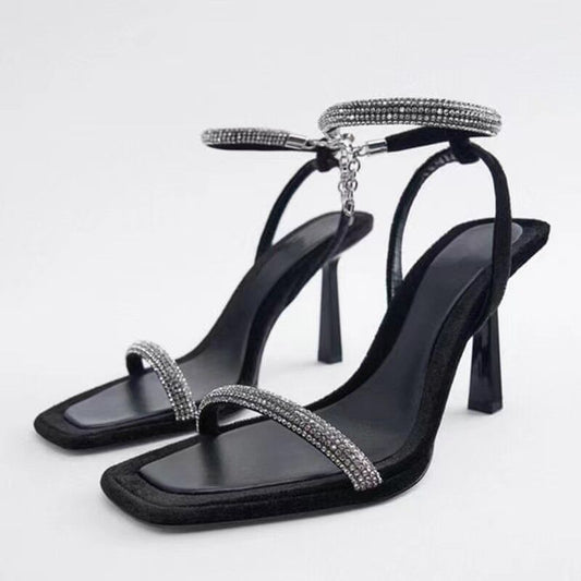 Large Size Foreign Trade Rhinestone High-Heeled Sandals For Women Summer New Cross-Border Square Toe Open Toe Elegant European And American One-Strap Sandals