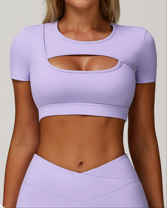 Zechuang Summer Yoga Short-Sleeved Cut Out Tight Shock-Proof Nude Sports T-Shirt Running Fitness Sports Top 4501