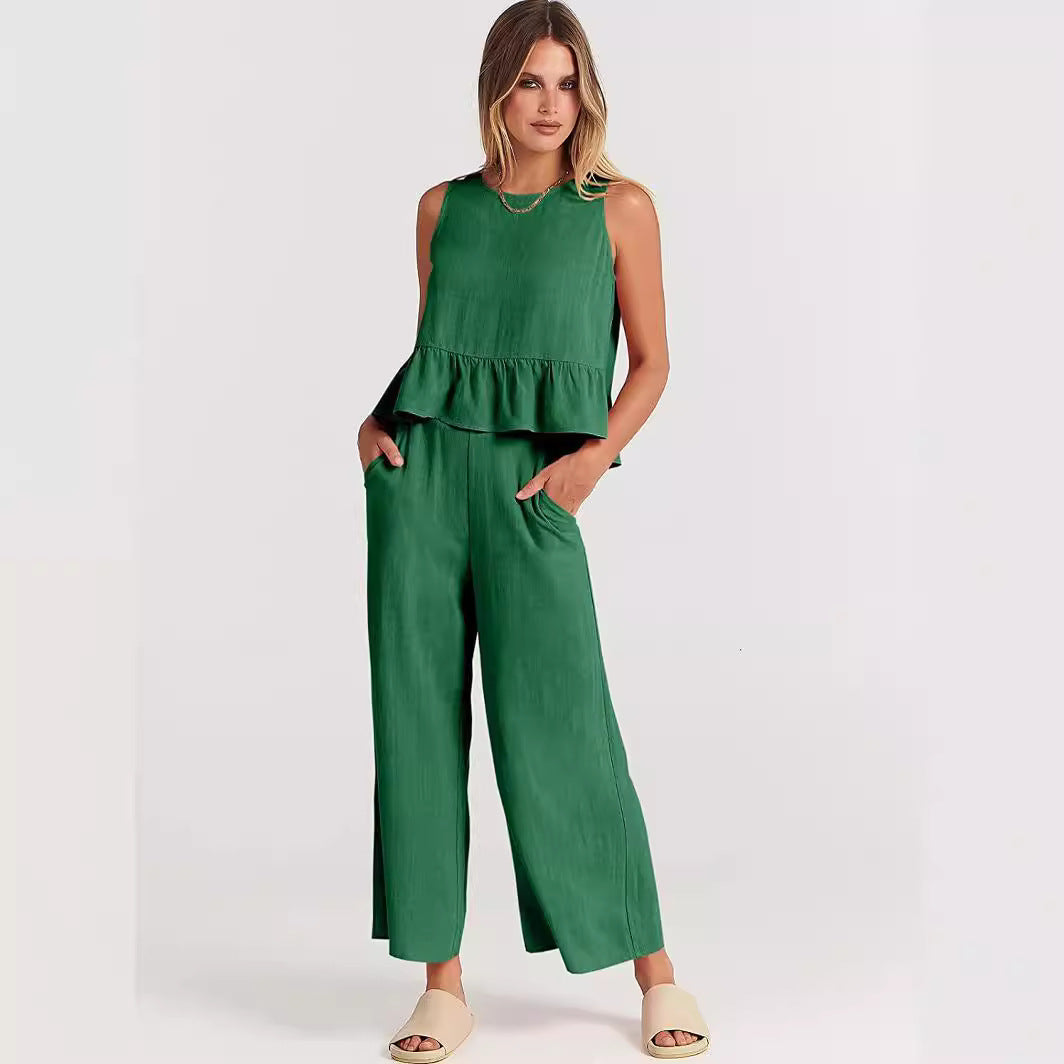2025 Summer New European And American Export Women's Clothing Amazon Sleeveless Pleated Vest Wide-Leg Nine-Point Pants Casual Suit