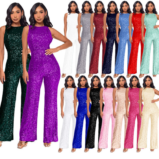 Cross-Border 2025 New Women's Waist-Cinching Women's Jumpsuit European And American Sequined Wide-Leg Sleeveless Jumpsuit Women's High-End