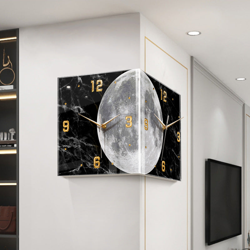 Punch-free Creative Corner Clock Wall Lamp Living Room Moon Lamp Corner Clock Luminous Double-sided Wall Clock Led Art Clock