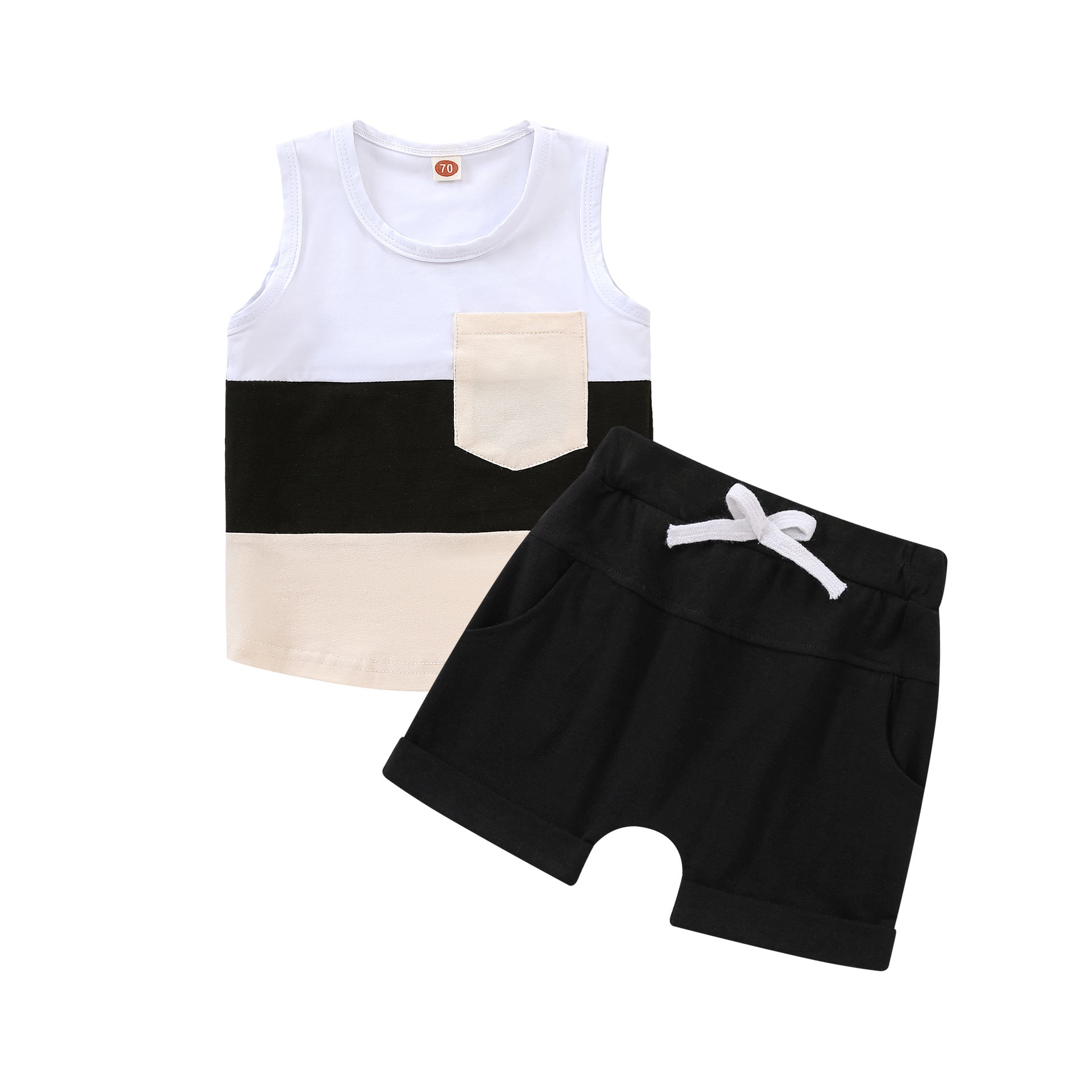 Foreign Trade Children's Short-sleeved Shorts Stitching Children's Suit Summer Solid Color Vest Striped Stitching