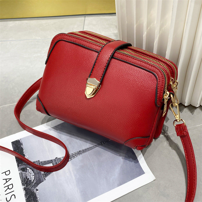 2022 New Pure Color Multi-Layer Splicing Soft Leather Texture Large Capacity Single Shoulder Crossbody Simple Cross-Border Women's Bag Small Bag