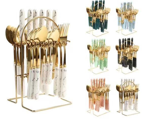 Amazon Cross-border Stainless Steel Tableware 24 Piece Set Marble Pattern Knife Fork Spoon Set Imitation Ceramic Handle Wholesale Ins