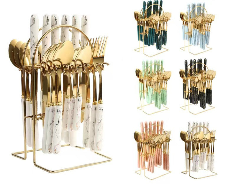 Amazon Cross-border Stainless Steel Tableware 24 Piece Set Marble Pattern Knife Fork Spoon Set Imitation Ceramic Handle Wholesale Ins