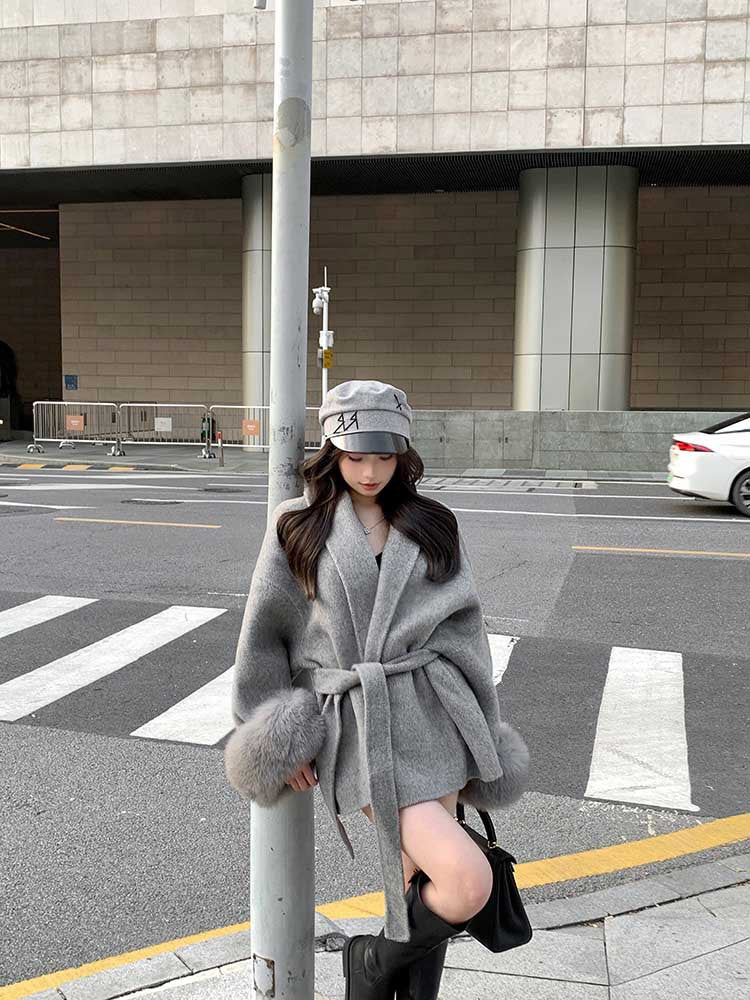 V-neck Lace-up Woolen Coat For Women 2023 Autumn And Winter Long Sleeve Loose High-grade Overcoat Stitching Mid-length Top