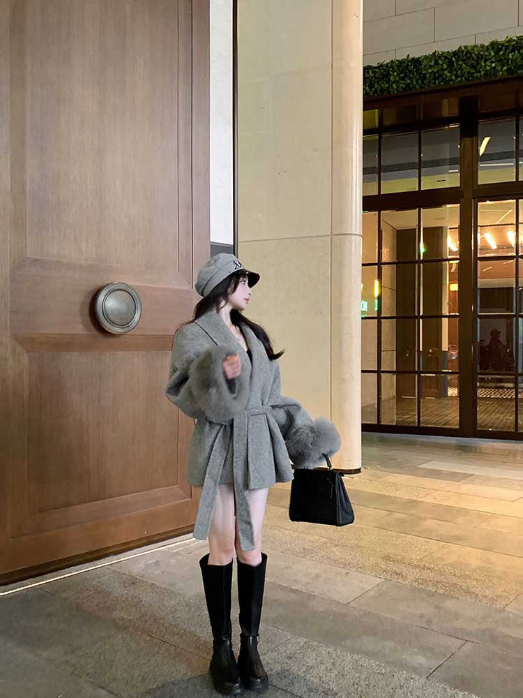V-neck Lace-up Woolen Coat For Women 2023 Autumn And Winter Long Sleeve Loose High-grade Overcoat Stitching Mid-length Top