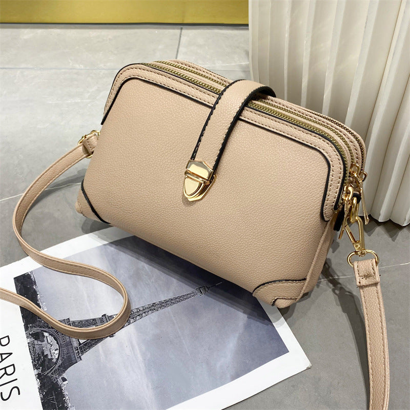 2022 New Pure Color Multi-Layer Splicing Soft Leather Texture Large Capacity Single Shoulder Crossbody Simple Cross-Border Women's Bag Small Bag