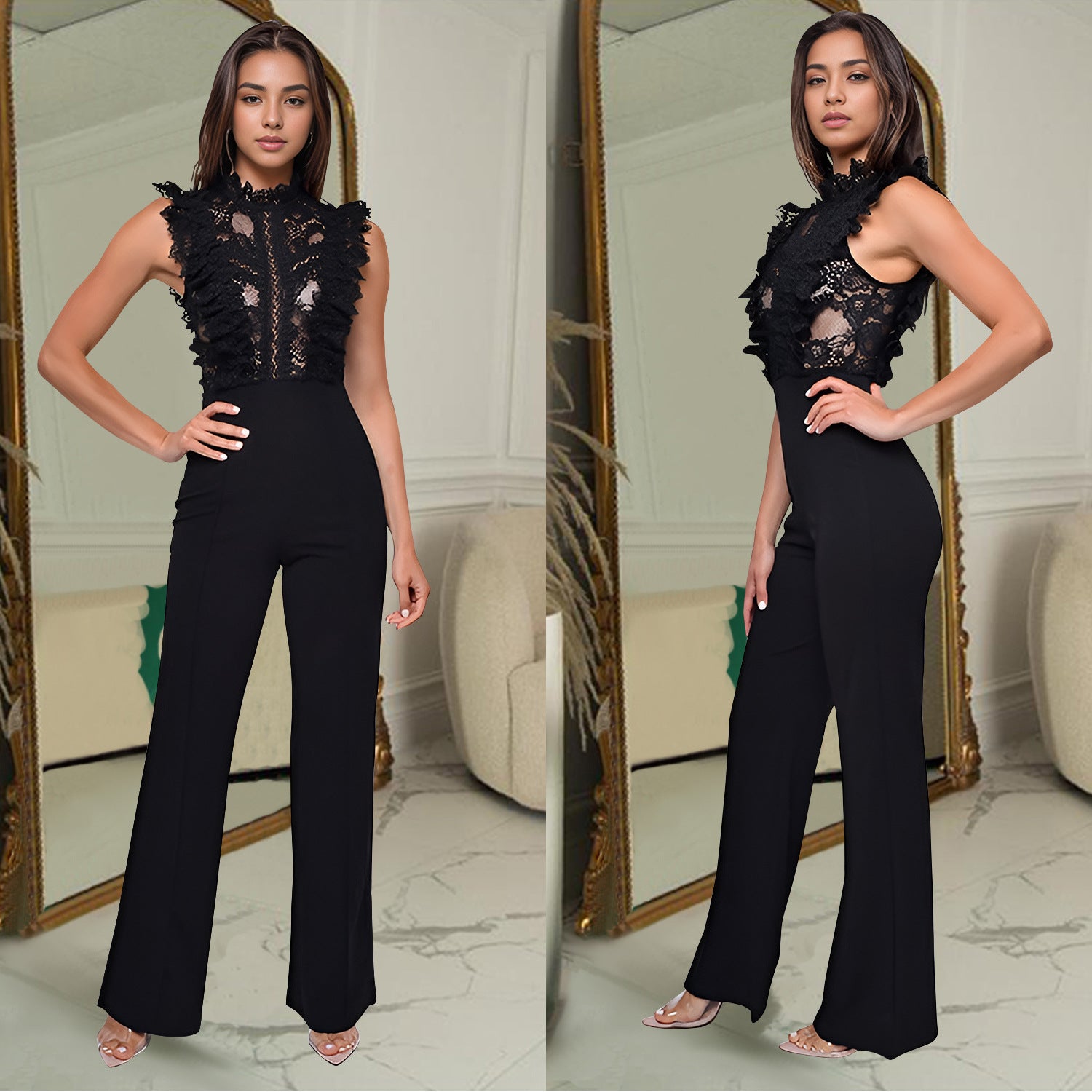 C7038 Cross-border AliExpress Amazon Independent Station European And American Fashion Women's Solid Color Sleeveless Mesh Jumpsuit New