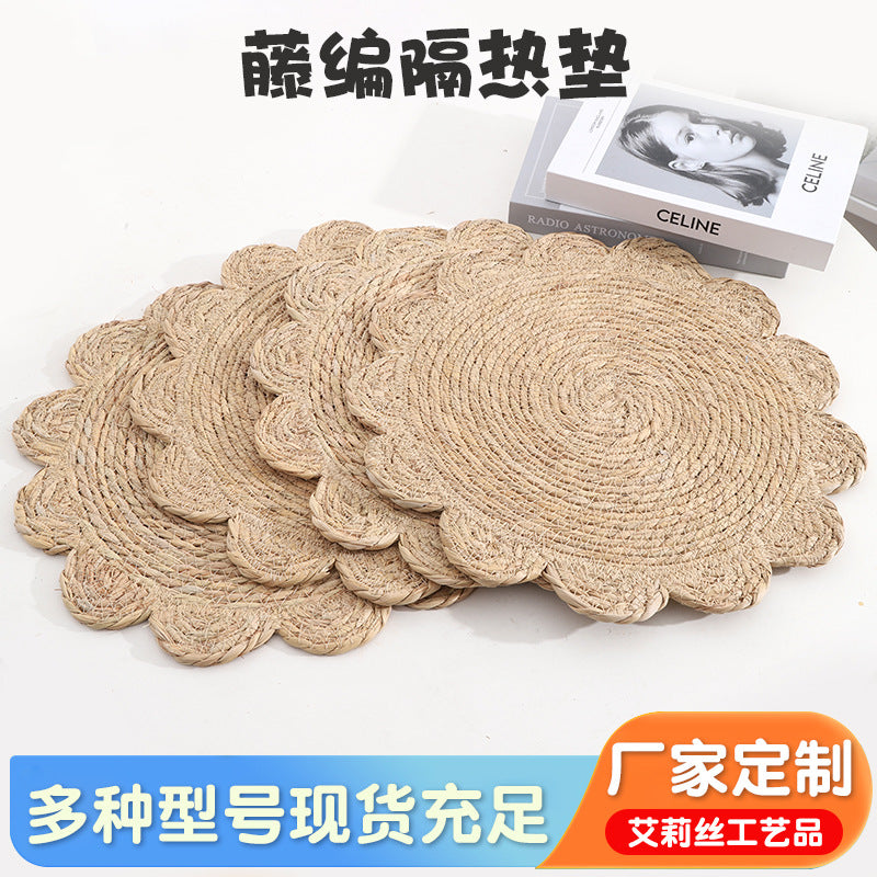 Rattan Heat Insulation Mat Coaster Desktop Heat Insulation Protection Mat Wool Woven Placemat Desktop Decoration Coaster Corn Leather Mat