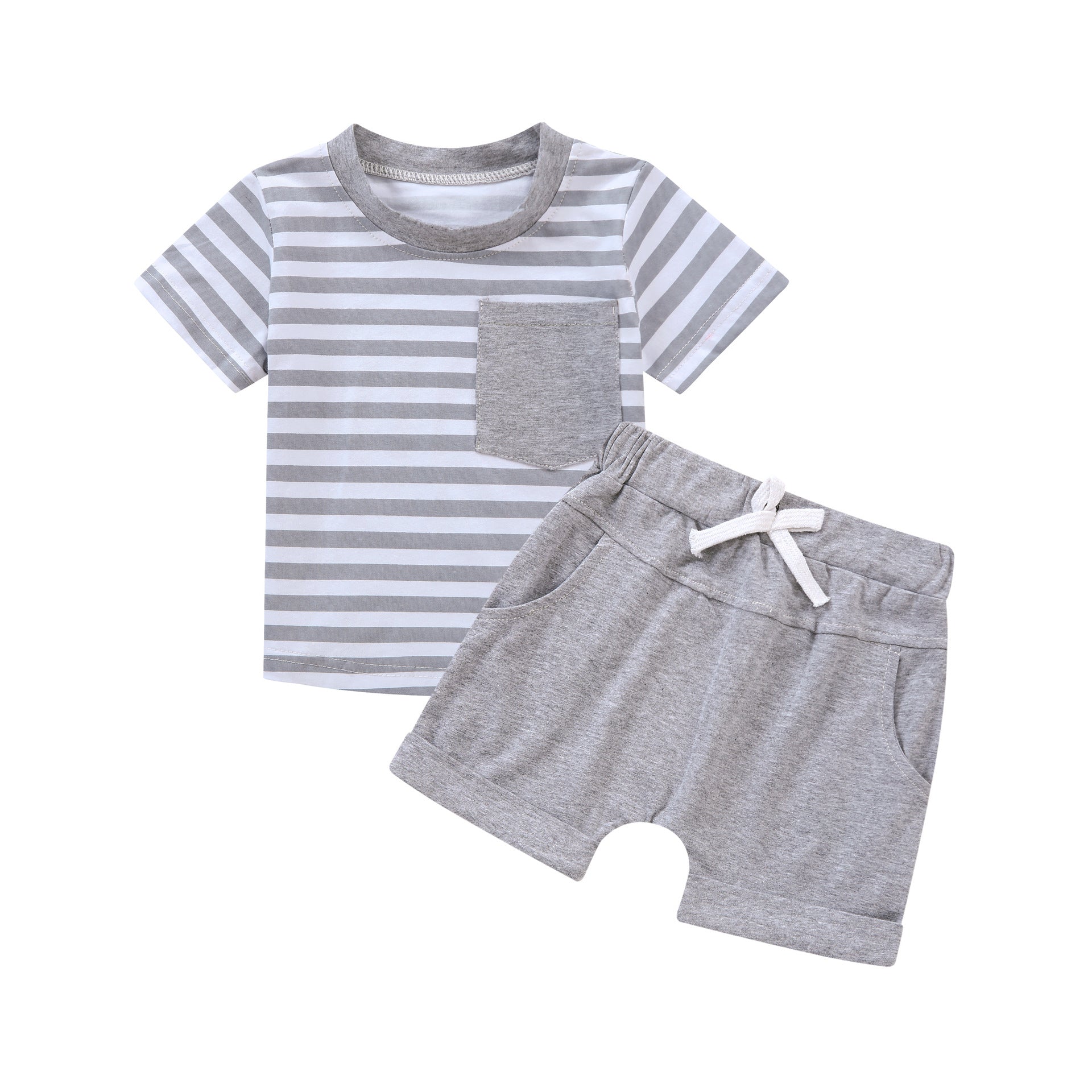 Foreign Trade Children's Short-sleeved Shorts Stitching Children's Suit Summer Solid Color Vest Striped Stitching