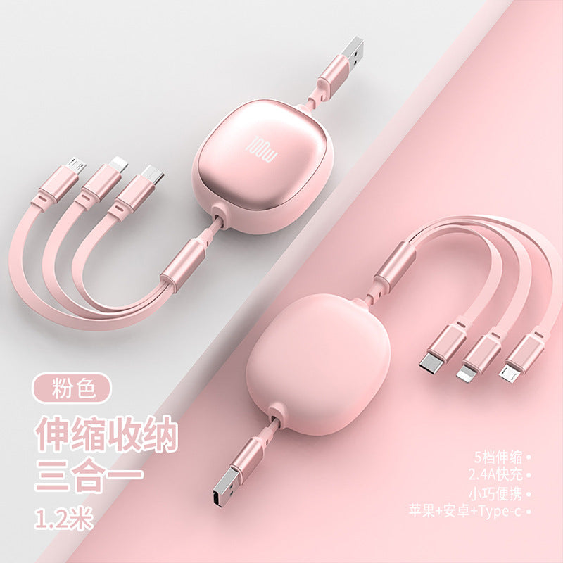 One-to-three Data Cable Fast Charging Car Mobile Phone Charging Cable Telescopic Three-in-one Multi-functional Small Gift Custom Logo