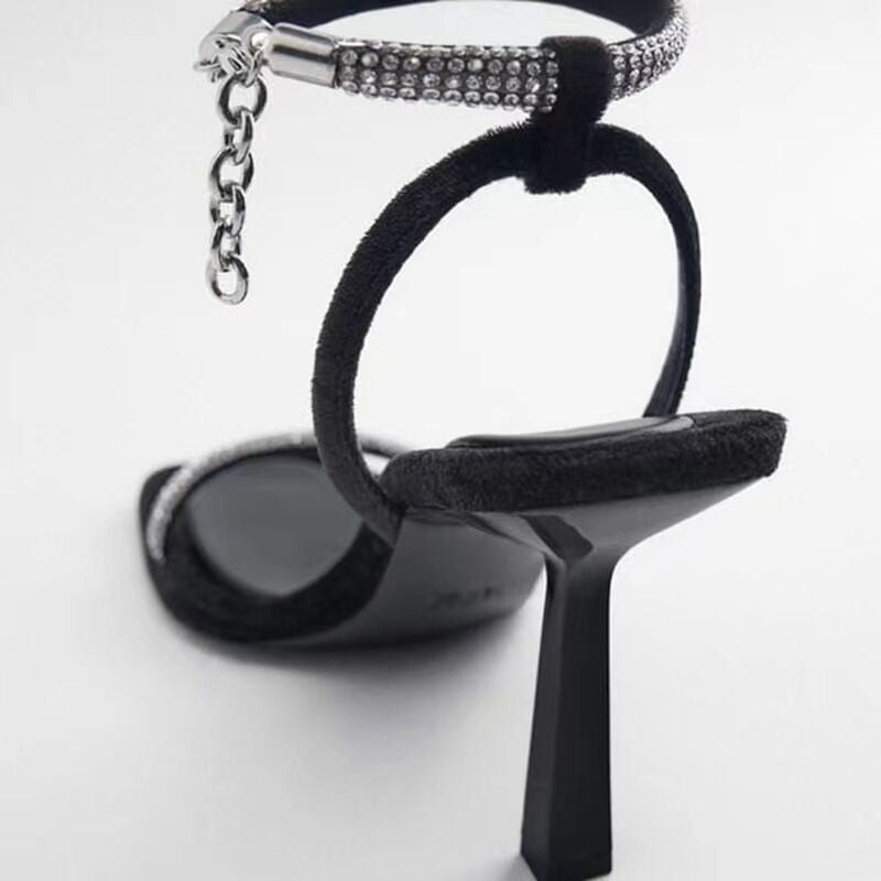 Large Size Foreign Trade Rhinestone High-Heeled Sandals For Women Summer New Cross-Border Square Toe Open Toe Elegant European And American One-Strap Sandals