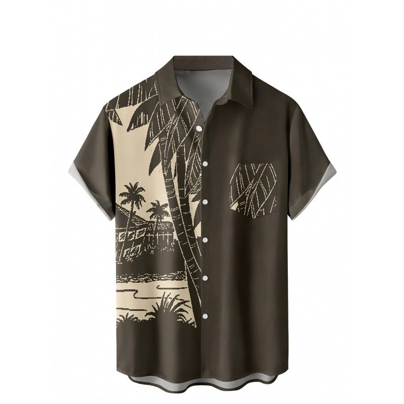 Hawaii Summer Hot Sale European And American Cross-Border Foreign Trade 3D Printed Men's Short-Sleeve Turn-Down Collar Pocket Shirt Direct Shipment
