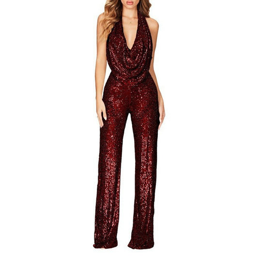 In Stock European And American New Amazon 2025 Summer Cross-border Jumpsuit Women's Sleeveless Neck Sequin Jumpsuit Women
