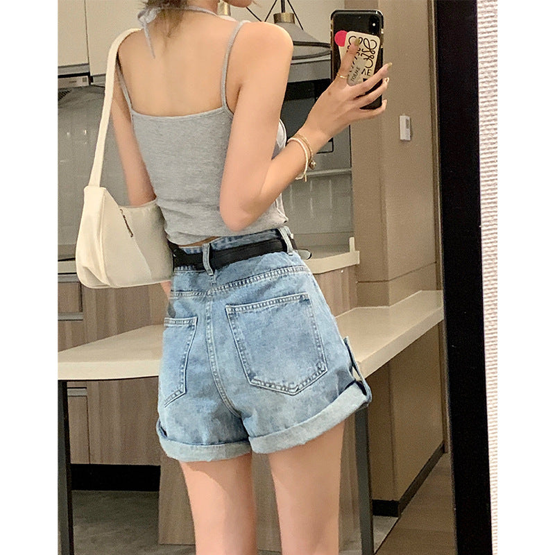 2023 Summer New Arrival High Waist Denim Shorts Women's Loose Curl Edge Flower Bud Wide Leg Pants All-Match Slim A- Line Hot Pants