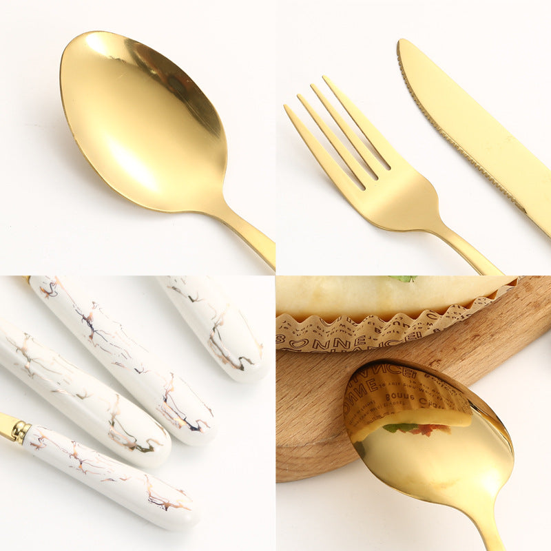 Amazon Cross-border Stainless Steel Tableware 24 Piece Set Marble Pattern Knife Fork Spoon Set Imitation Ceramic Handle Wholesale Ins