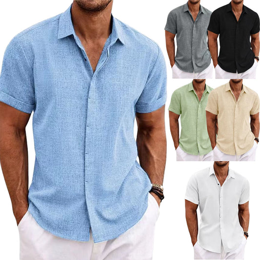 Men's Linen Short-sleeved T-shirt Loose T-shirt Solid Color Short-sleeved Cotton Linen Shirt Men's Beach Plus Size Men's Short-sleeved Shirt
