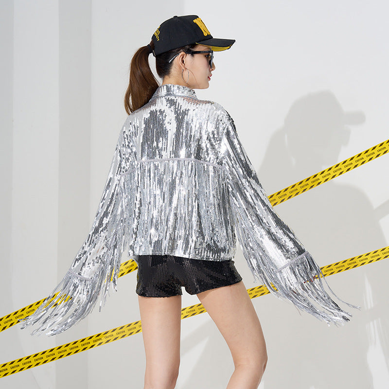 European And American Cross-border Sequin Tassel Jacket Sports Jacket Women's Bar Nightclub Stage Casual Sequin Tassel Jacket Women