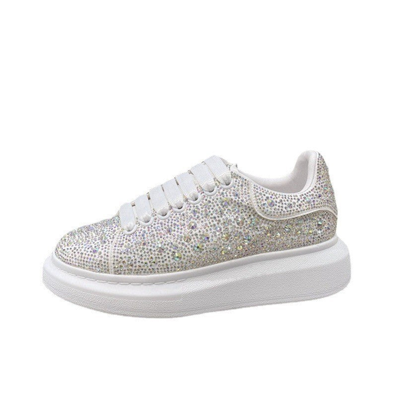 Rhinestone-Encrusted Black Diamond Star's New Same Style Height-Increasing Male And Female Couple Genuine Cowhide Platform Grai Mcqueen White Shoes Thick Soles