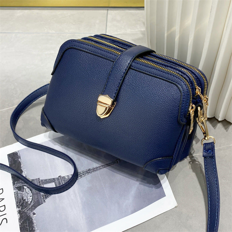 2022 New Pure Color Multi-Layer Splicing Soft Leather Texture Large Capacity Single Shoulder Crossbody Simple Cross-Border Women's Bag Small Bag