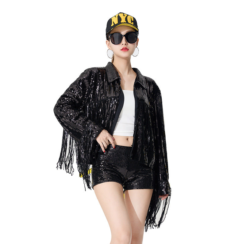 European And American Cross-border Sequin Tassel Jacket Sports Jacket Women's Bar Nightclub Stage Casual Sequin Tassel Jacket Women