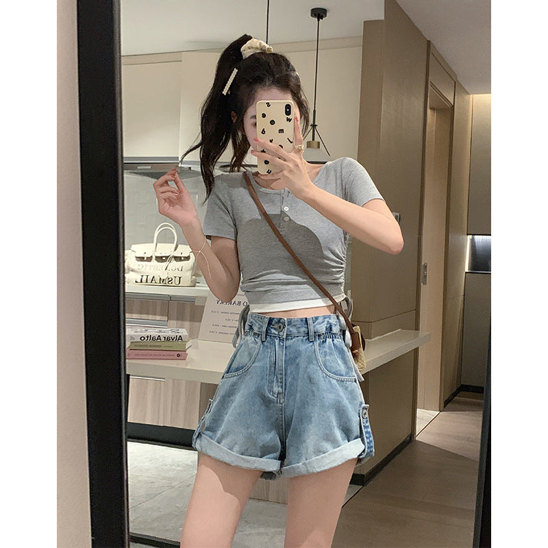 2023 Summer New Arrival High Waist Denim Shorts Women's Loose Curl Edge Flower Bud Wide Leg Pants All-Match Slim A- Line Hot Pants