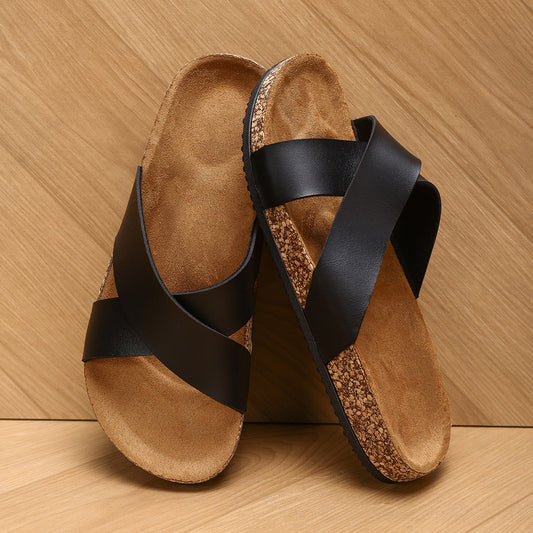 2025 Summer Cross Flat Sandals For Outerwear Casual Cork Sole Plaid Fashion Shoes Easiest For Match Men's Beach Shoes